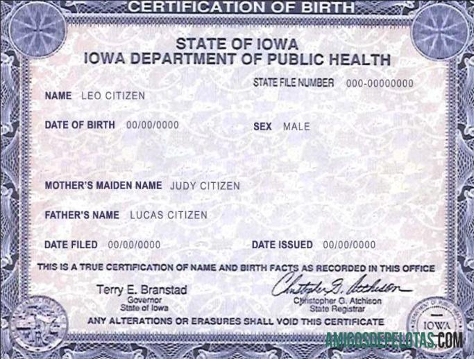 Em branco modelo de certidão de nascimento do estado de Iowa nos EUA em formato PSD